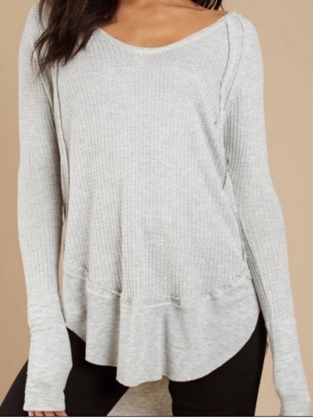 Free People We The Free Catalina V-Neck Thermal Waffle Knit top, gray XS